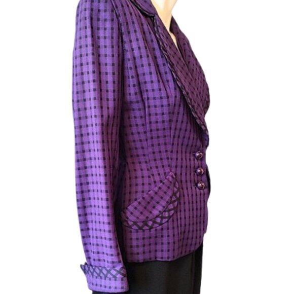 Vintage 1940s Purple & Black Checked Wool Fitted Suit Jacket Body Hugging Style - Picture 5 of 6